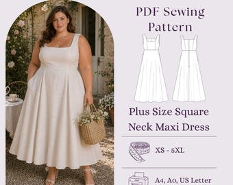 Molde em PDF para costura de vestido maxi plus size com decote quadrado, vestido de linho estilo cottagecore faça você mesmo