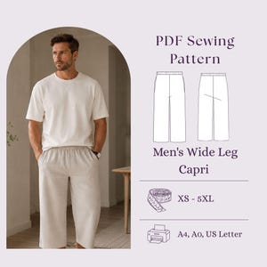 May include: A PDF sewing pattern for wide leg capri pants, featuring a technical line drawing of the garment, size range XS-5XL, and printer compatibility for A4, A0, and US Letter formats. The text reads PDF Sewing Pattern, Wide Leg Capri, XS-5XL, and A4, A0, US Letter.
