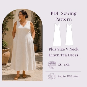 Può includere: Un abito bianco senza maniche con scollo a V e tasche laterali. L'immagine include il testo: PDF Sewing Pattern, Plus Size V Neck Linen Tea Dress, XS - 5XL, e A4, A0, US Letter. Un disegno al tratto mostra la vista frontale e posteriore.