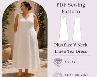 Plus Size V-Neck Leinen Tee Kleid Schnittmuster PDF, Ärmelloses A-Line Kleid DIY