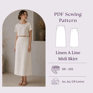 Peut inclure: Une femme porte une jupe midi en lin crème et un haut court assorti. L'image présente un patron de couture PDF pour une jupe midi trapèze en lin, disponible en tailles XS-3XL, et imprimable sur papier A4, A0 et US Letter.