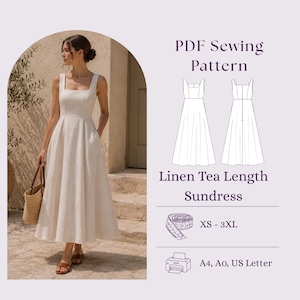 May include: A woman wearing a white linen tea-length sundress with a square neckline and pockets. The image also shows a PDF sewing pattern for the dress, with size options from XS to 3XL, and paper size options of A4, A0, and US Letter.