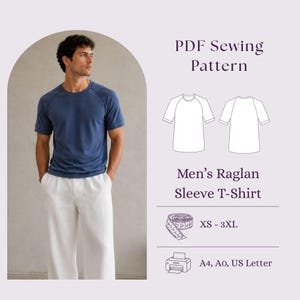 May include: A PDF sewing pattern for a raglan sleeve t-shirt. The image displays a blue t-shirt, a technical line drawing of the front and back of the shirt, a measuring tape icon with sizes XS-3XL, and printer icons for A4, A0, and US Letter formats.