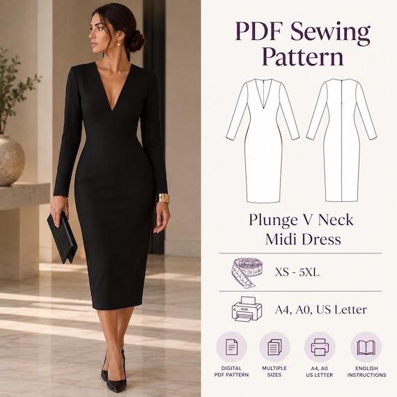 Plunge V Neck Midi Dress PDF Sewing Pattern Bodycon Plus Size XS-5XL