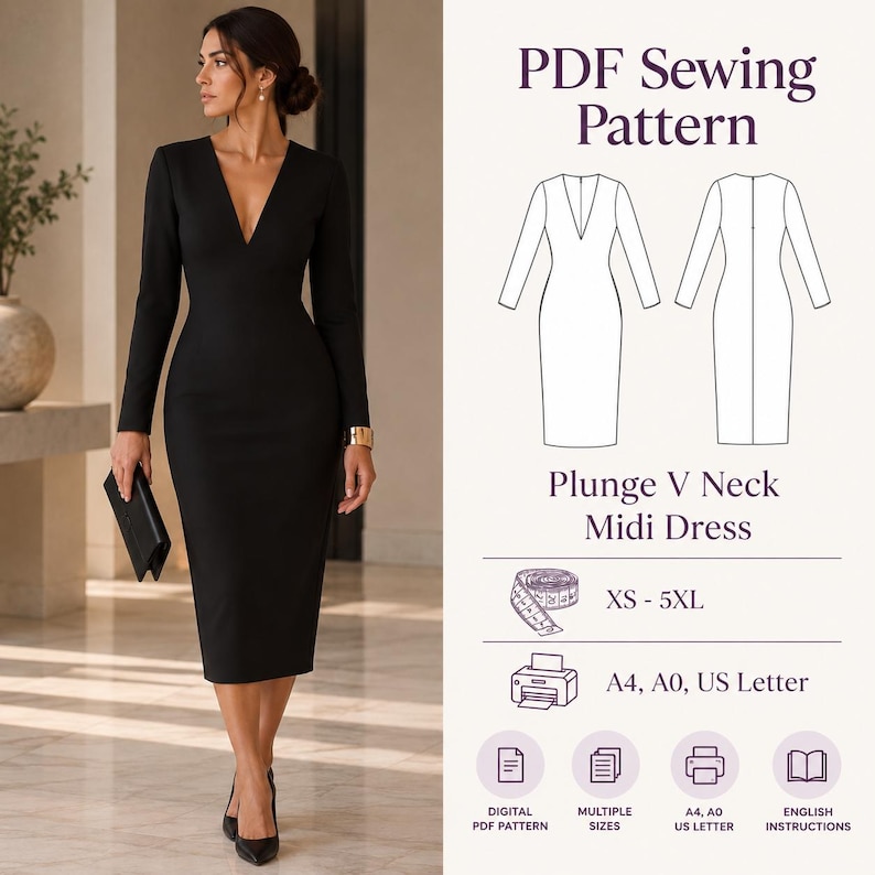 Plunge V neck midi dress PDF sewing pattern featuring a bodycon silhouette, designed for knit fabrics with long fitted sleeves and an elegant plunging V-neckline finished with facings. Includes side invisible zipper closure and center back seam. Digital pattern comes in sizes XS to 5XL, printable in A4, A0, and US Letter formats.