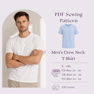 Mens T-Shirt Sewing Pattern PDF XS-5XL, Crew Neck Basic Tee, Plus Size Mens
