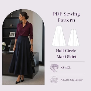 Può includere: Un cartamodello PDF per una gonna lunga a mezzo cerchio, con etichette di testo, un disegno al tratto della gonna, un'icona di nastro di misurazione e un'icona di stampante. Il testo include 'PDF Sewing Pattern', 'Half Circle Maxi Skirt', 'XS-5XL' e 'A4, A0, US Letter'.