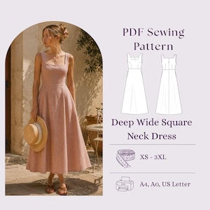 Patrón de costura en PDF para vestido de lino con escote cuadrado, vestido de té estilo cottagecore para mujer (hazlo tú mismo)