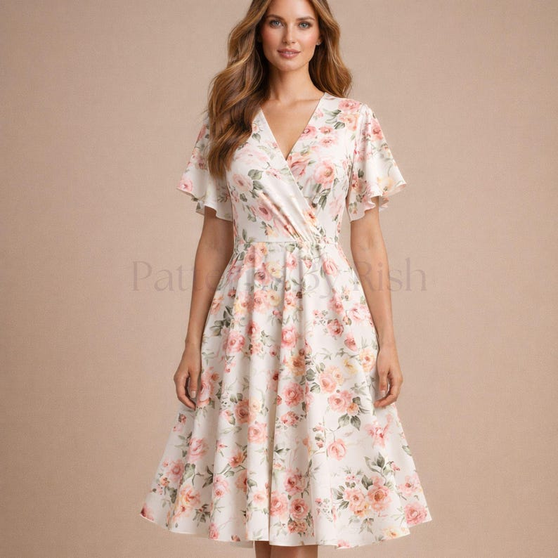May include: A white floral print dress with a V-neckline and short, flutter sleeves. The dress features a wrap-style bodice and a knee-length skirt. The floral pattern includes pink and peach roses. The text "Pat Rish" is visible on the dress.
