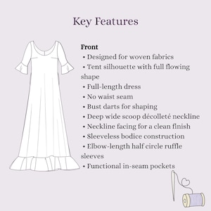 May include: A line drawing of a full-length dress with a deep wide scoop neckline, elbow-length half circle ruffle sleeves, and a tent silhouette. The text lists key features including bust darts, no waist seam, and functional in-seam pockets.