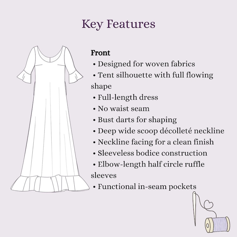 May include: A line drawing of a full-length dress with a deep wide scoop neckline, elbow-length half circle ruffle sleeves, and a tent silhouette. The text lists key features including bust darts, no waist seam, and functional in-seam pockets.