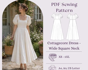 Cottagecore Square Neck Dress Sewing Pattern PDF, Puff Sleeve Maxi Dress DIY
