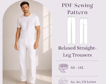 Mens Linen Straight Leg Trousers Sewing Pattern PDF, Relaxed Lounge Pants DIY