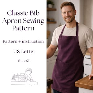 May include: A plum-colored bib apron with a large front pocket. The apron is part of a sewing pattern, with the text "Classic Bib Apron Sewing Pattern" and "Pattern + instruction" visible. The pattern is sized S-2XL and is US Letter size.