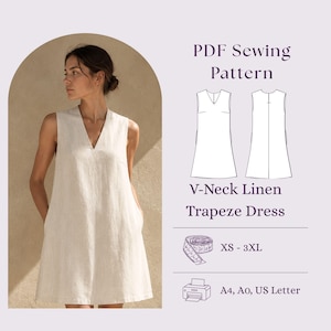 V-Neck Linen Trapeze Dress Sewing Pattern PDF, Sleeveless A-Line Mini Dress DIY