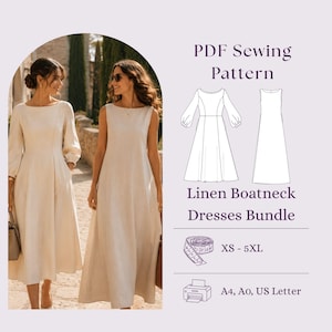 May include: A PDF sewing pattern for a linen boatneck dress bundle. The image displays two beige dresses, one with long sleeves and one sleeveless, alongside technical line drawings, size range XS-5XL, and printer formats A4, A0, and US Letter.