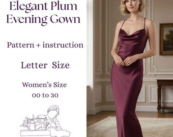 Satin Cowl Neck Maxi Dress Sewing Pattern | Spaghetti Strap Slip Gown (PDF Pattern)