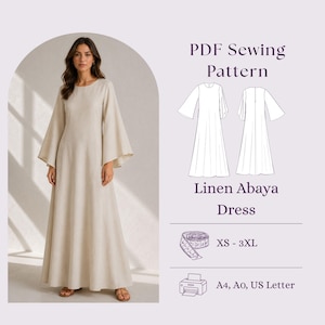 Może przedstawiać: Kobieta w beżowej lnianej sukni abaya z szerokimi rękawami. Obraz zawiera grafikę wzoru szycia PDF z tekstem "Linen Abaya Dress" oraz zakresem rozmiarów "XS - 3XL". Pokazano również ikony drukarki i miarki.