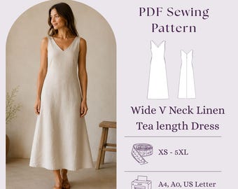 Leinenkleid mit V-Ausschnitt | Ärmelloses A-Linien-Kleid in Teelänge | Schnittmuster (PDF) in den Größen XS-5XL