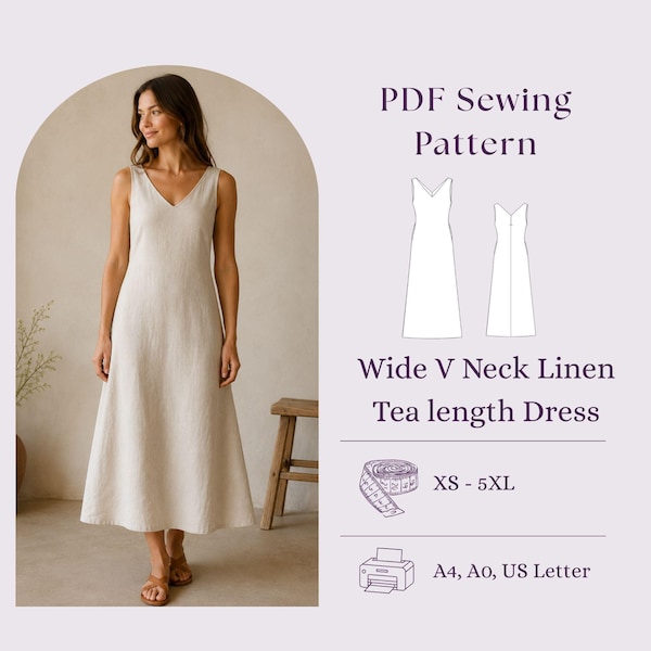 Deep V-Neck Linen Maxi Dress Sewing Pattern PDF, Sleeveless V Neck Linen Summer Outfit