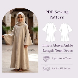 May include: A PDF sewing pattern for a linen abaya ankle-length tent dress. The image shows a child wearing the beige dress with a matching hijab, alongside a technical line drawing of the garment, a measuring tape icon, and printer icons.