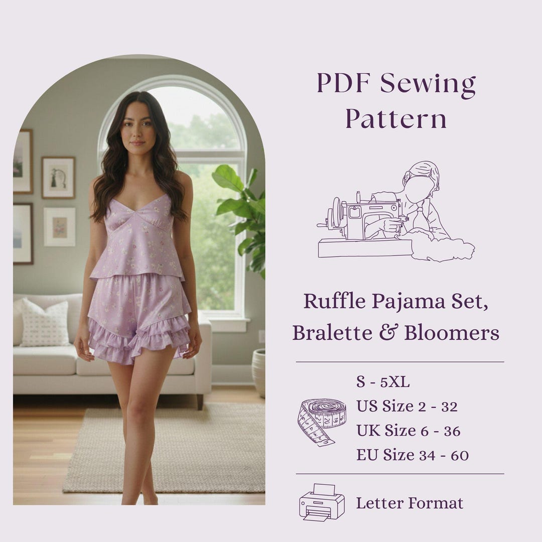 Floral Ruffle Cami Pajama Set Sewing Pattern | Bralette & Bloomers (PDF ...