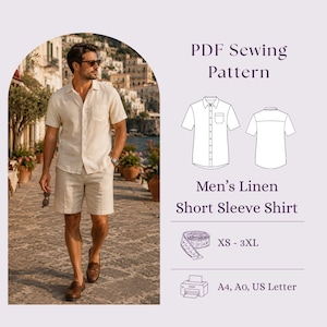 Mens Linen Short Sleeve Shirt Sewing Pattern PDF, Casual Button Up DIY