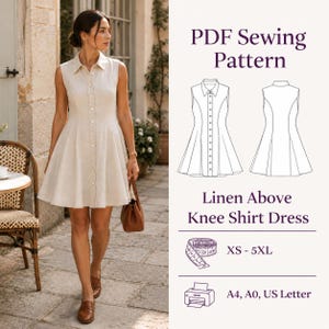 Patrón de costura en PDF para vestido camisero de lino por encima de la rodilla, tallas grandes XS-5XL