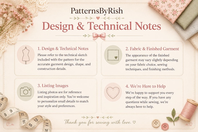 May include: An informational graphic titled PatternsByRish Design & Technical Notes. It features four sections with icons: a dress form, a fabric swatch with a heart, a camera, and a heart shape. Includes a measuring tape and sewing thread.
