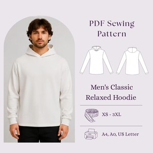 Peut inclure: Un patron de couture PDF pour un sweat à capuche classique décontracté. L'image montre un sweat à capuche blanc à manches longues, un dessin technique du vêtement, et du texte indiquant les tailles XS-3XL et le format A4, A0, US Letter.