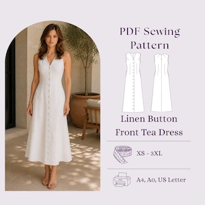 Patrón de costura en PDF para vestido de lino con botones delanteros, vestido midi sin mangas para mujer (hazlo tú mismo)