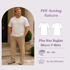 Könnte beinhalten: Ein PDF-Schnittmuster für ein T-Shirt mit Raglanärmeln in Übergröße. Die Grafik enthält eine Strichzeichnung des T-Shirts, ein Maßband-Symbol, ein Druckersymbol und den Text: PDF Sewing Pattern, Plus Size Raglan Sleeve T-Shirt, XS - 5XL, A4, A0, US Letter.