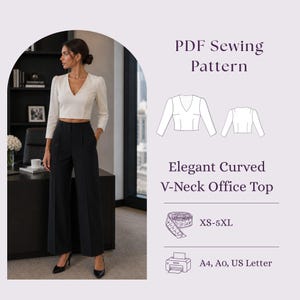 Elegant V-Neck Office Top Sewing Pattern PDF, Fitted Long Sleeve Blouse DIY