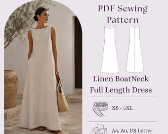 Linen Cottagecore Maxi Dress Sewing Pattern PDF, Boatneck Long Women Dress DIY