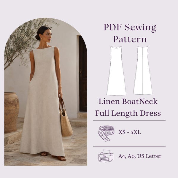 Linen Cottagecore Maxi Dress Sewing Pattern PDF, Boatneck Long Women Dress DIY