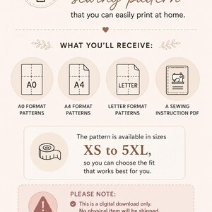 May include: A digital PDF sewing pattern listing with text stating: This listing is for a DIGITAL PDF sewing pattern that you can easily print at home. Includes A0, A4, and Letter formats, a sewing instruction PDF, sizes XS to 5XL, and a digital download notice.