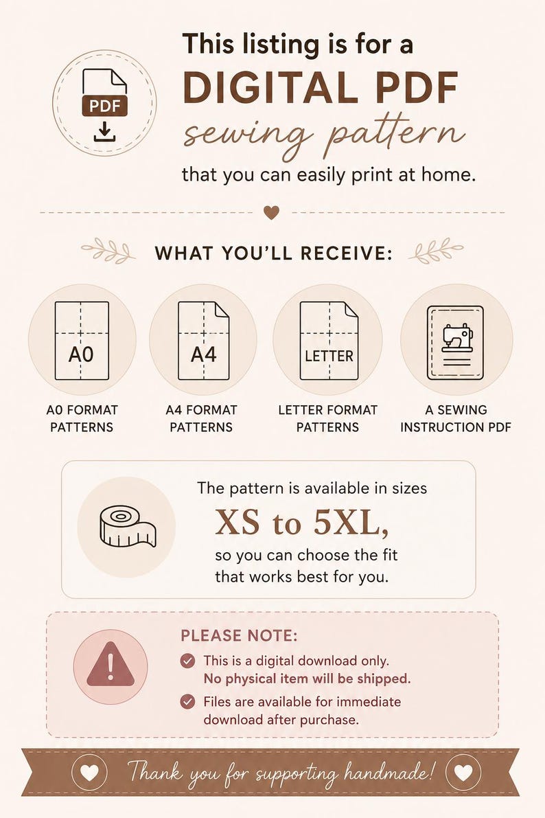 May include: A digital PDF sewing pattern listing with text stating: This listing is for a DIGITAL PDF sewing pattern that you can easily print at home. Includes A0, A4, and Letter formats, a sewing instruction PDF, sizes XS to 5XL, and a digital download notice.