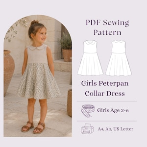 May include: A PDF sewing pattern for a sleeveless dress with a Peter Pan collar, featuring a beige bodice and a floral print skirt. The text reads PDF Sewing Pattern, Girls Peterpan Collar Dress, Girls Age 2-6, and A4, A0, US Letter.