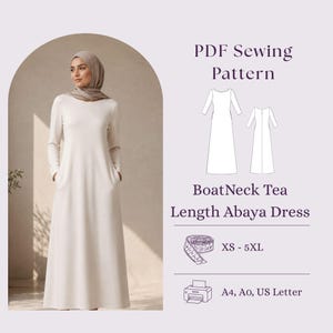 Patron de couture de robe abaya longueur thé à col bateau PDF, robe modeste à manches longues à faire soi-même