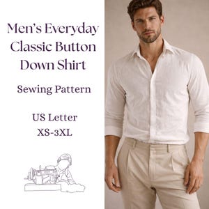 Może przedstawiać: Biała koszula zapinana na guziki z długimi rękawami, zestawiona z beżowymi spodniami. Obraz zawiera tekst "Men's Everyday Classic Button Down Shirt Sewing Pattern US Letter XS-3XL."