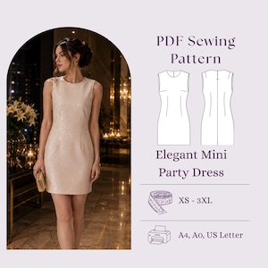 May include: A PDF sewing pattern for an elegant mini party dress. The image displays a sleeveless, light beige mini dress, a technical line drawing of the front and back of the dress, a measuring tape icon with sizes XS-3XL, and a printer icon for A4, A0, and US Letter formats.