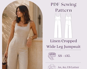 Schnittmuster für einen Jumpsuit mit weitem Bein | Jumpsuit mit eckigem Ausschnitt und kurzem Schnitt | XS-5XL (PDF)