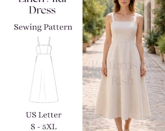 Leinen Midi Kleid Schnittmuster | Eckiger Ausschnitt in A-Linie (PDF S–5XL US Letter)