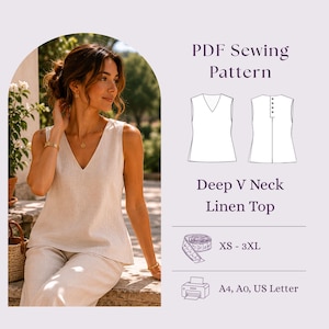 Deep V Neck Linen Top Sewing Pattern PDF, Sleeveless Minimalist Blouse DIY