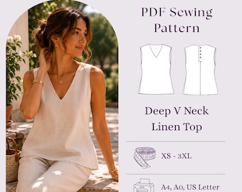 Tiefer V-Ausschnitt Leinen Top Schnittmuster PDF, Ärmellose Minimalist Bluse DIY