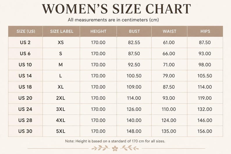 May include: A size chart titled WOMEN'S SIZE CHART with columns for US size, size label, height, bust, waist, and hips in centimeters. The table lists sizes from US 2 to US 30 with corresponding measurements, noting height is 170 cm for all sizes.