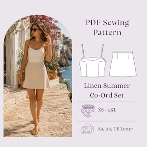 May include: A PDF sewing pattern for a linen summer co-ord set, featuring a white camisole top and a beige mini skirt. The graphic includes a line drawing of the garments, a measuring tape icon, size range XS-5XL, and printer formats A4, A0, US Letter.