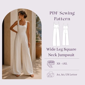 以下が含まれることがあります： スクエアネックの白いワイドレッグジャンプスーツ。画像には「PDF Sewing Pattern」「Wide Leg Square Neck Jumpsuit」「XS - 5XL」「A4, A0, US Letter」というテキストが含まれています。線画でジャンプスーツの前後が示されています。