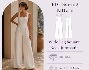 Wide Leg Linen Jumpsuit Sewing Pattern PDF, Scandinavian Minimalist Women Outfit DIY