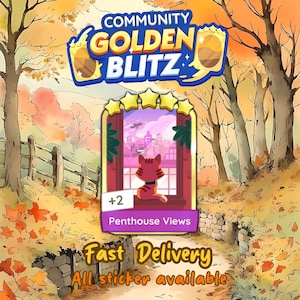 Golden Blitz - Vistas del ático Monopoly_Go Pegatinas de 5 estrellas Álbum Posh Pets Set 23